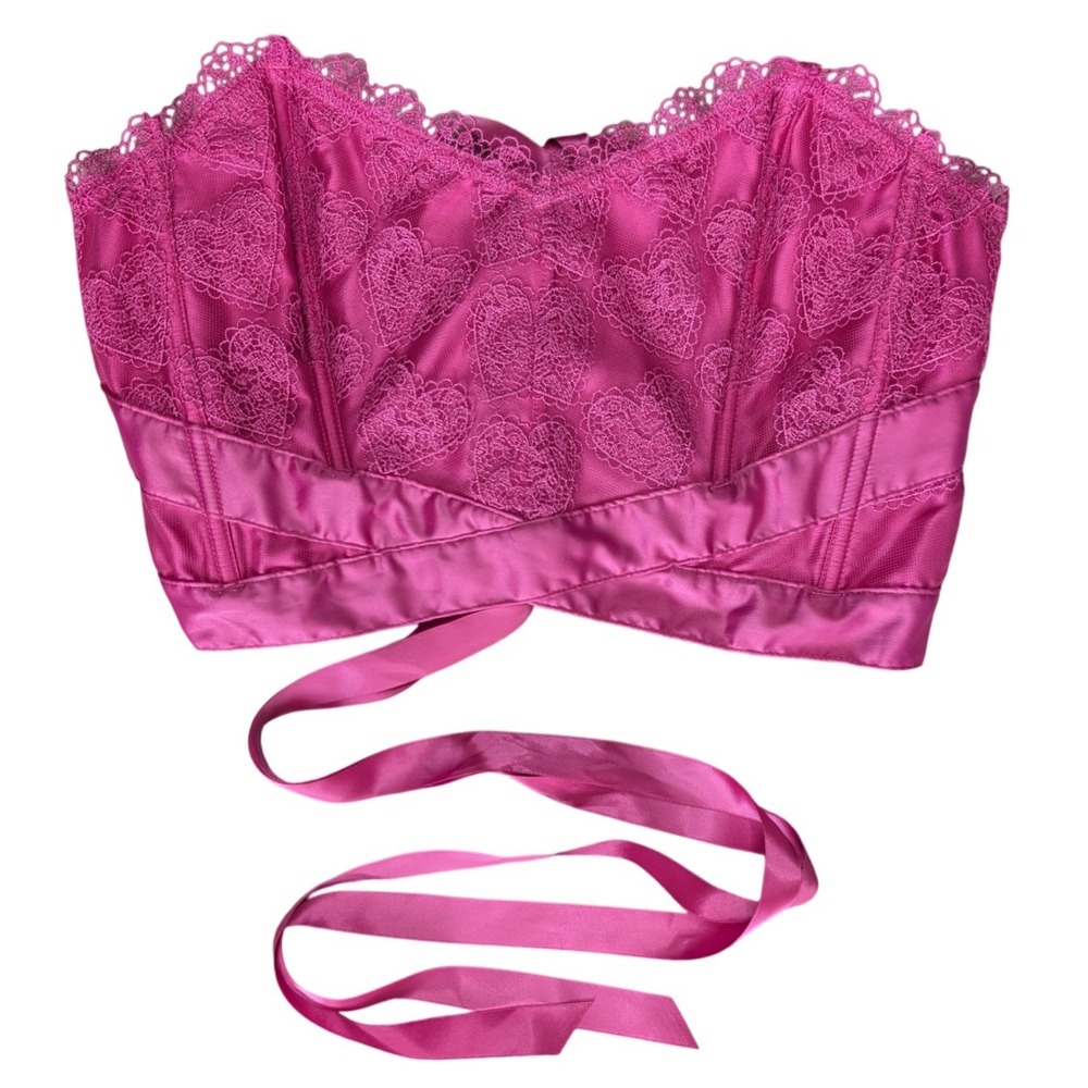 Victoria's Secret XL Hot Pink Very Sexy Heart Embroidery Strapless‎ Corset Top